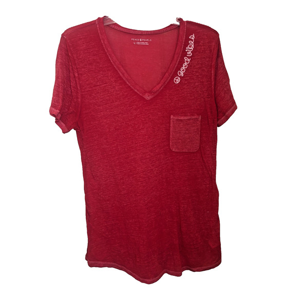 PEACE & PEARLS Red Burnout Tee Shirt L Lightweight Short Sleeve Lipstick - Picture 1 of 5